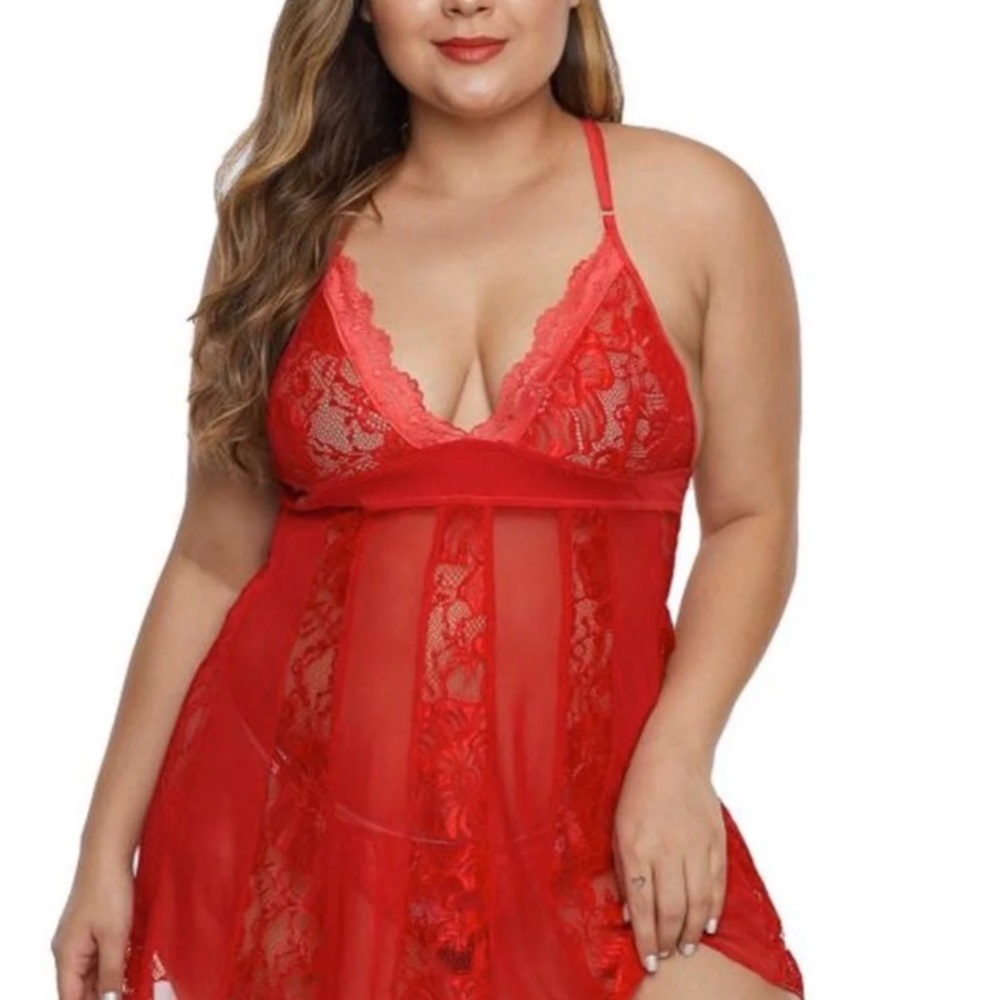Red lace mesh lingerie with matching panties.